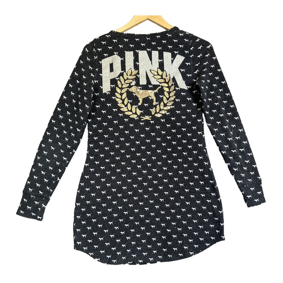Victoria Secret Sleep Shirt XS Grey Dog Print Waffle Henley PINK Bling Sequins - Picture 1 of 12